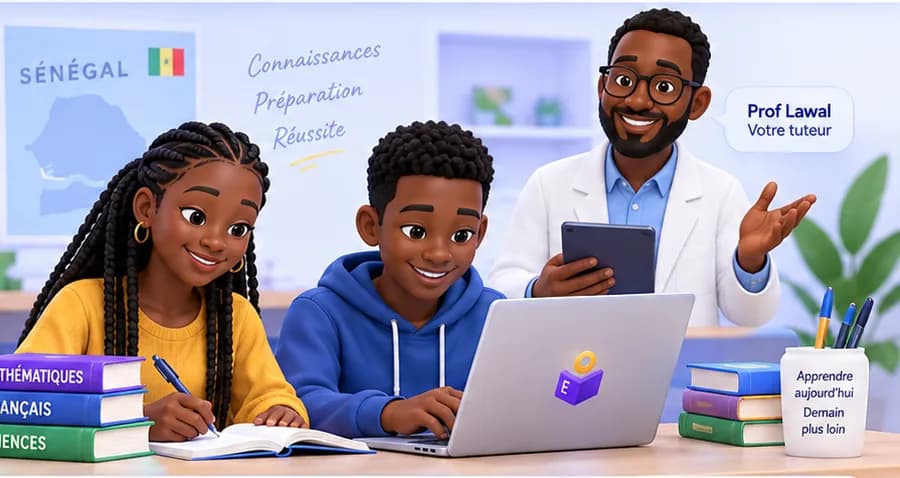 Deux élèves travaillent côte à côte, un cahier et un ordinateur ouverts devant eux, pendant que leur professeur leur explique une notion depuis sa tablette. Derrière eux, une carte du Sénégal et des manuels de mathématiques, de français et de sciences.